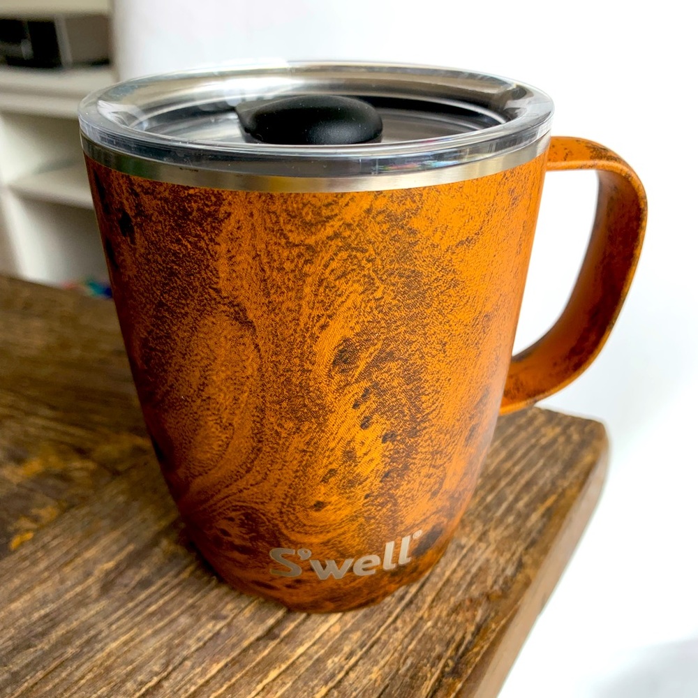S'well stainless steel mug with lid and handle. Wood pattern. 12 fl oz. New.